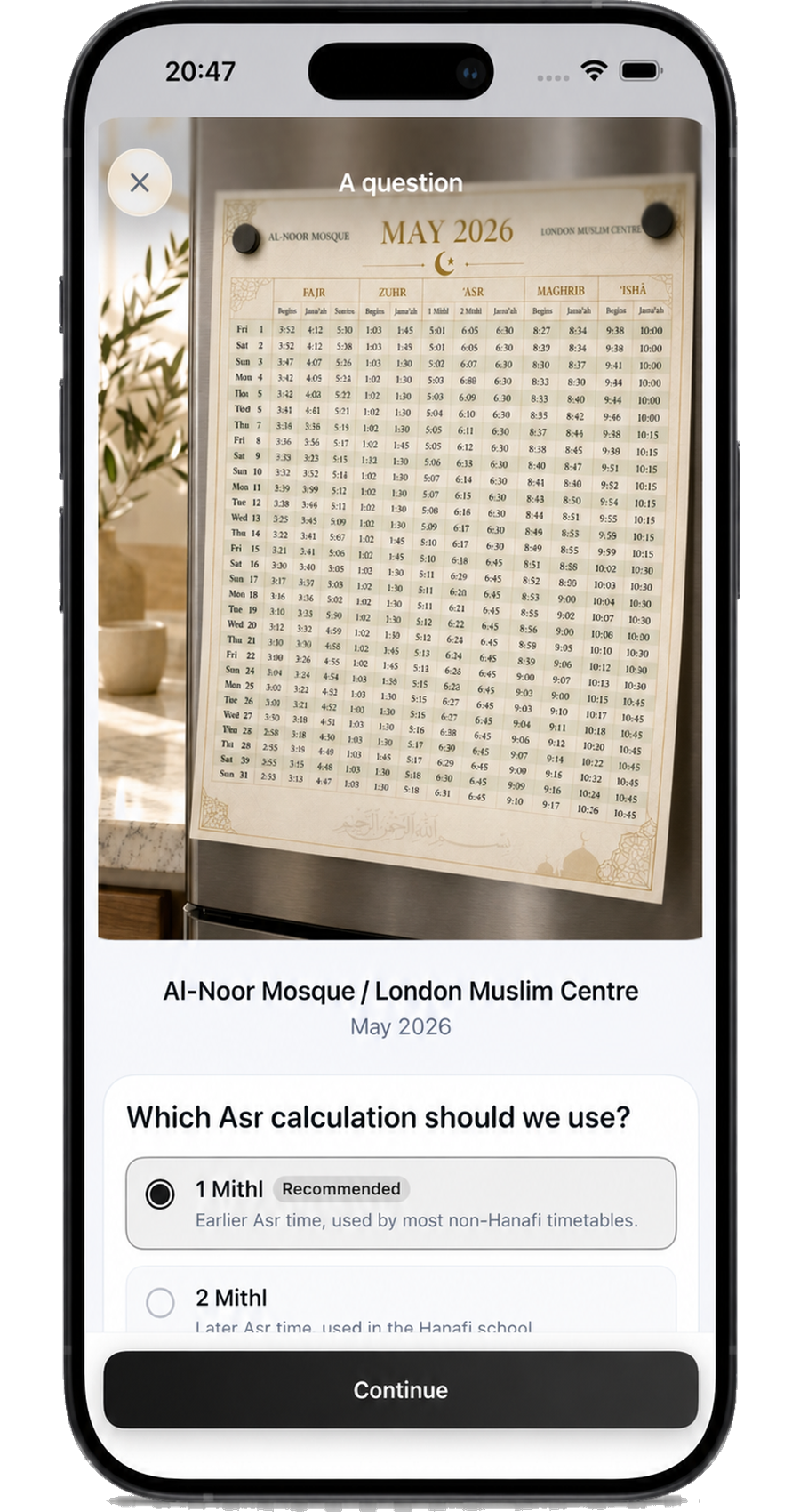 Rukna extraction review — confirming the mosque, month, and Asr calculation method.