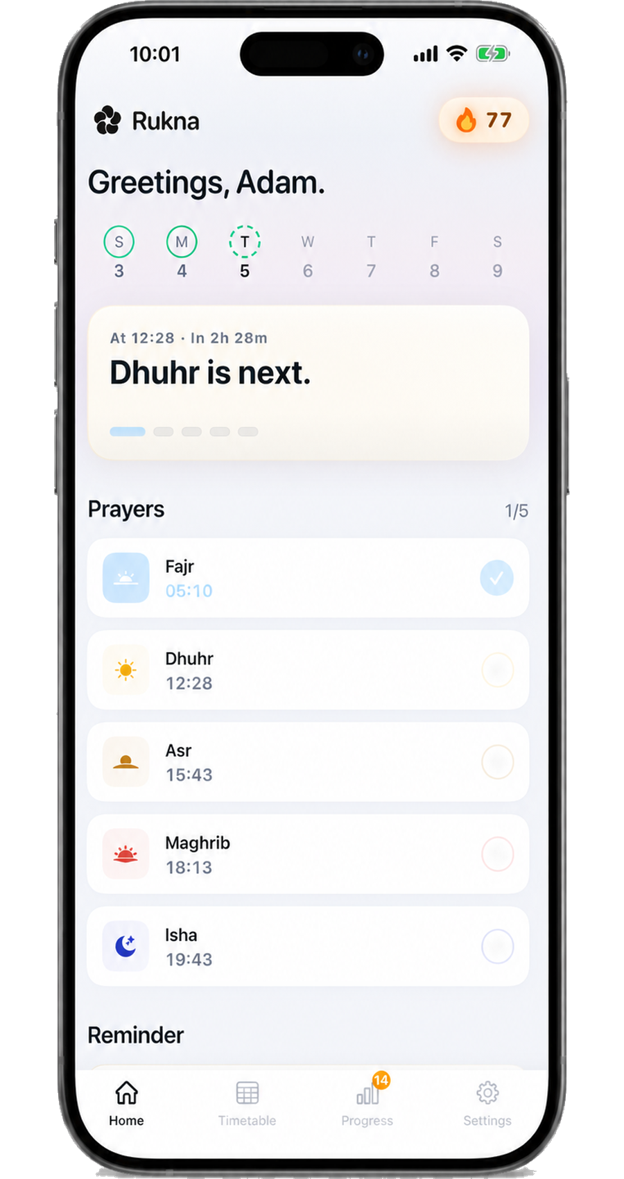 Rukna home screen — Greetings, Adam. Dhuhr is next, with the day's prayer list.