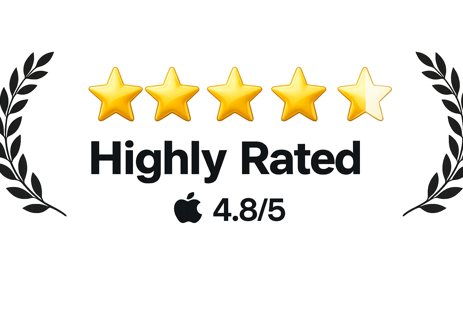 Highly Rated — 4.8 out of 5 on the App Store, five gold stars.